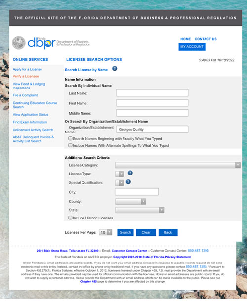 Department of Business and Professional Regulation - State of Florida Website Screenshot | Rebuilding with Licensed Contractors